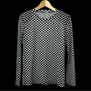 Black and White Checkered Long Sleeves Padded Shoulders Sheer Shirt